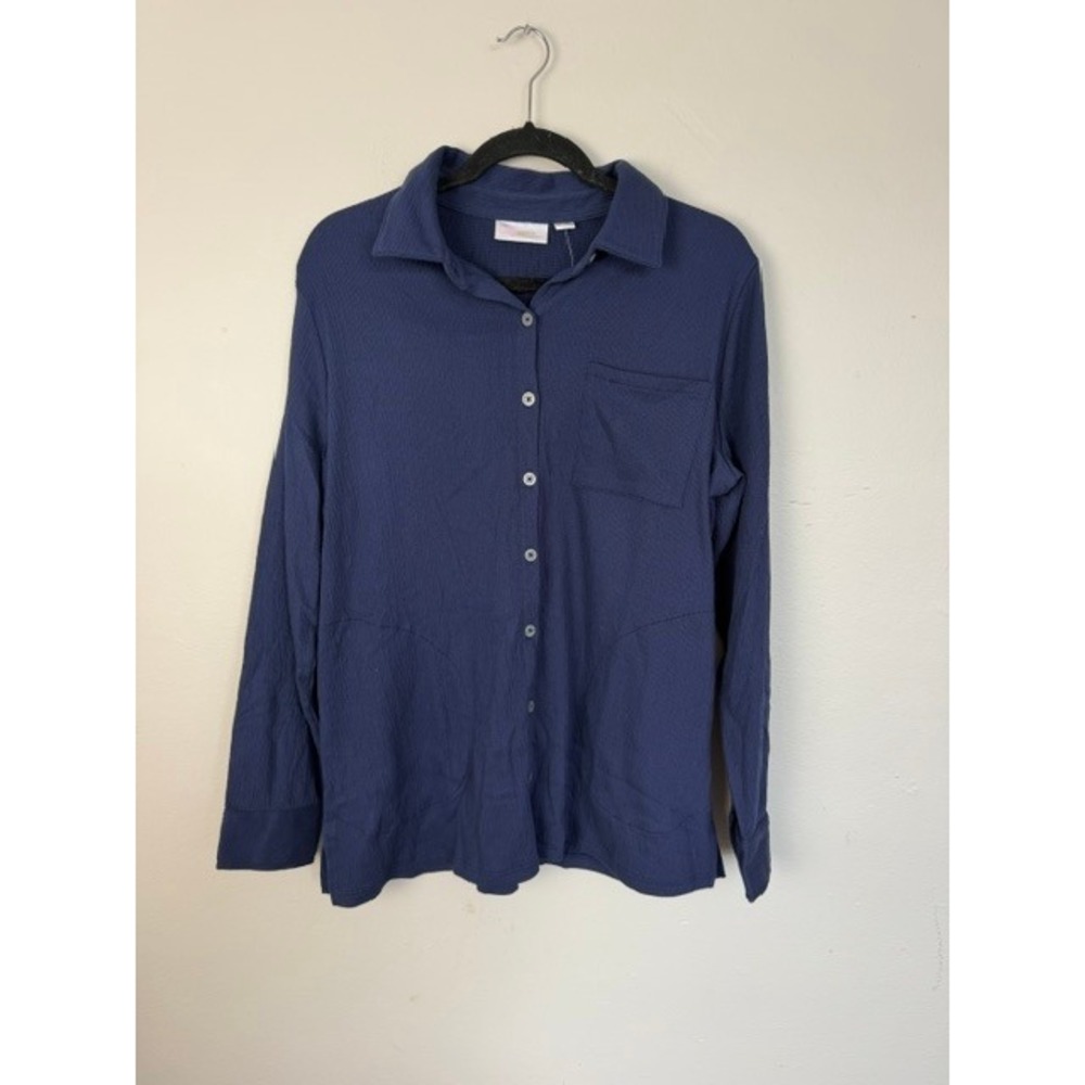 Belle by Kim Gravel Navy Blue Textured Waffle Knit Button Down Shirt Medium
